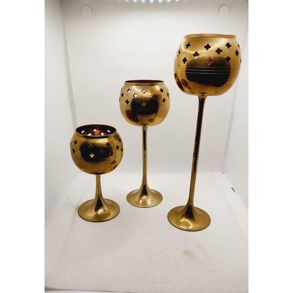 Brass Candlestick Votives Cut Out Cross India Boho Set of 3‎